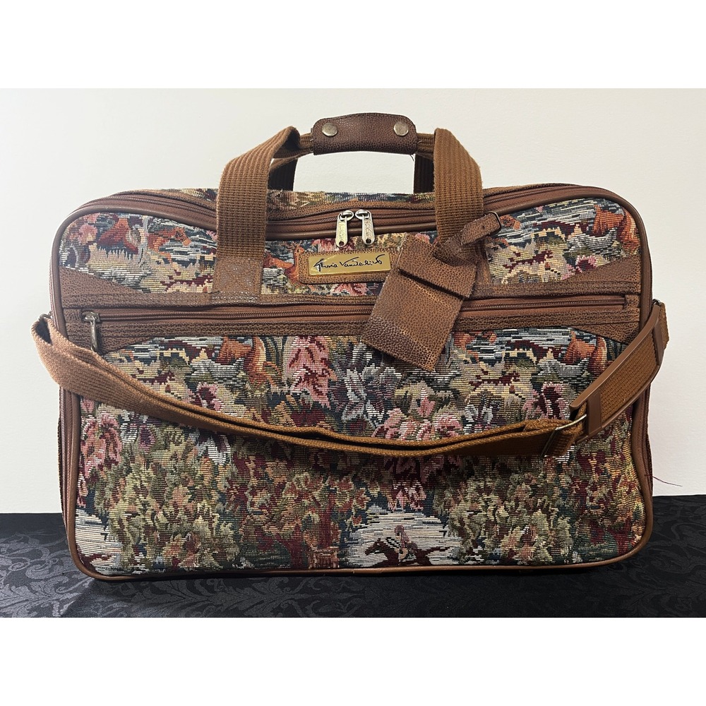 Gloria Vanderbilt Vtg Tapestry Travel Bag Scenic Equestrian Brown Carry On